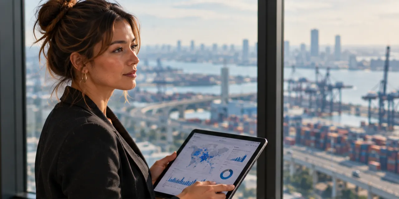 A manager holding a tablet with a data dashboard at a window overlooking a port.