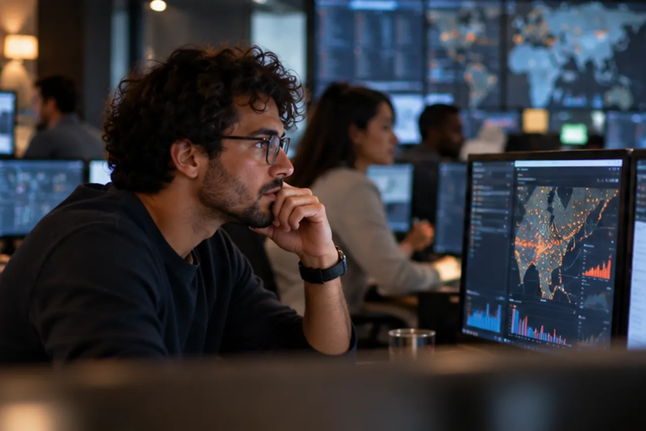An analyst studying a map of live orders on a monitor in an operations room.