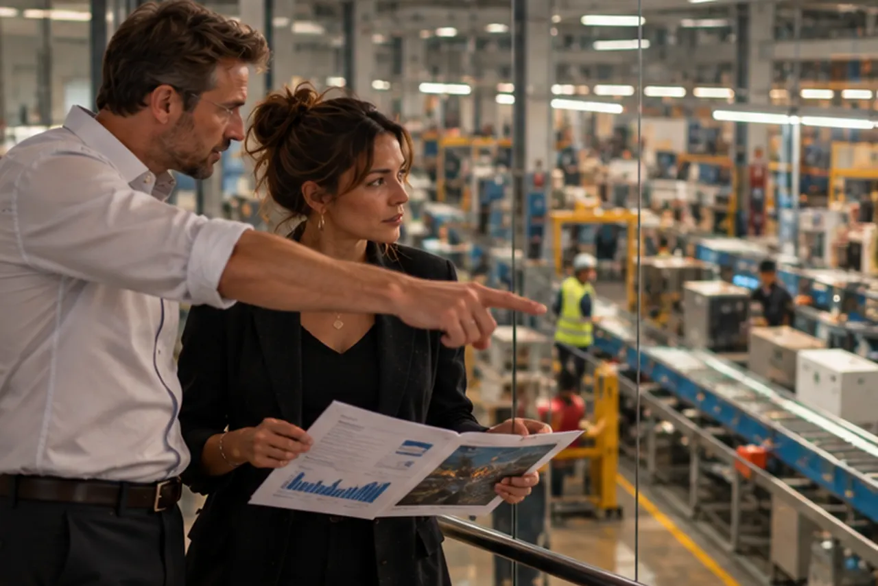 A manager pointing out a production line to a colleague holding a printed report.