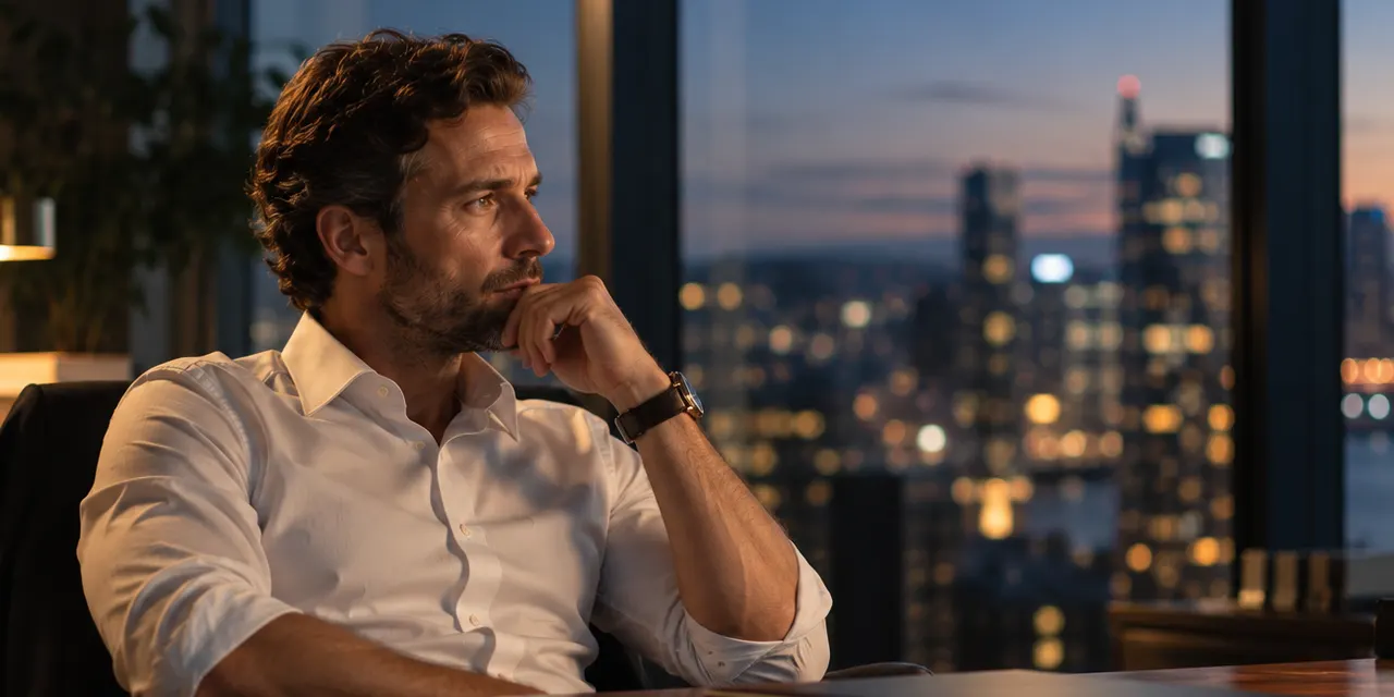 A manager at a desk in the evening, weighing a decision, with the city lit up outside.