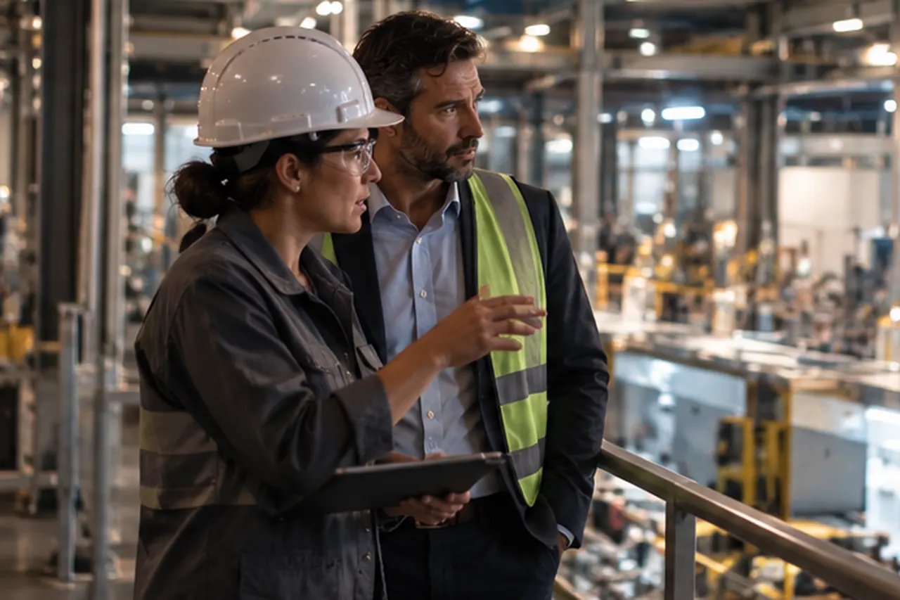An engineer and a manager on a factory mezzanine, discussing the production floor.