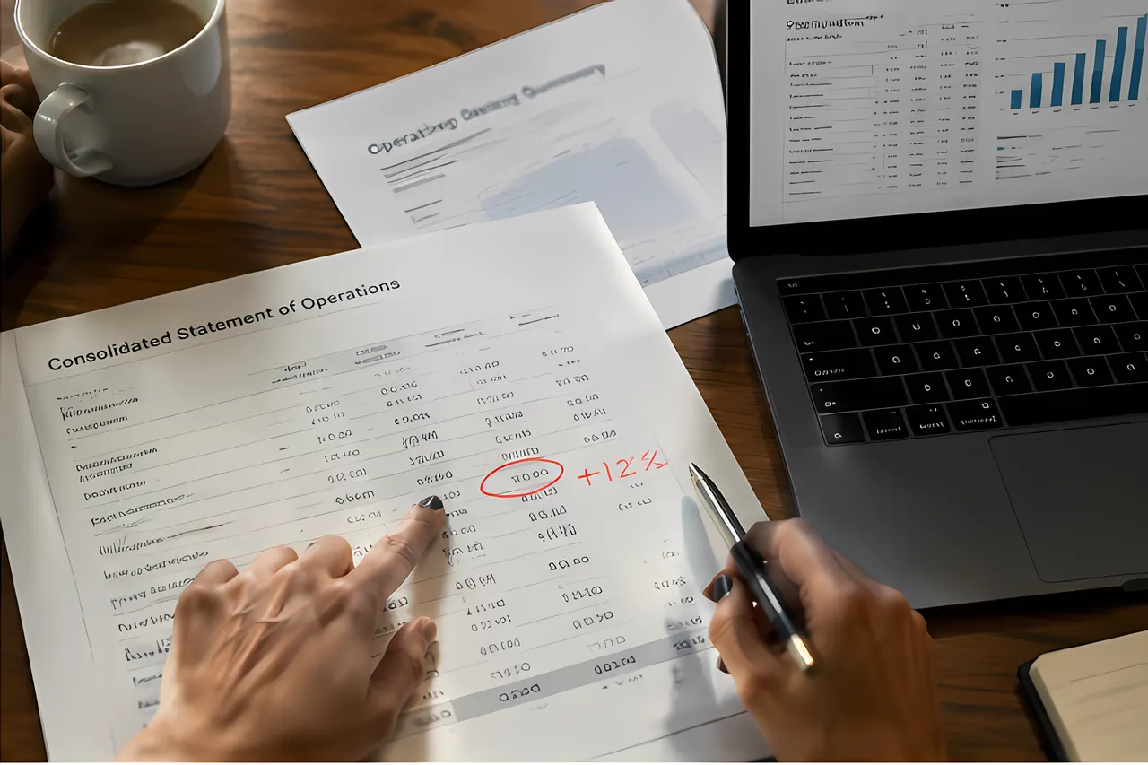Hands marking a figure in red on a consolidated statement of operations, next to a laptop.