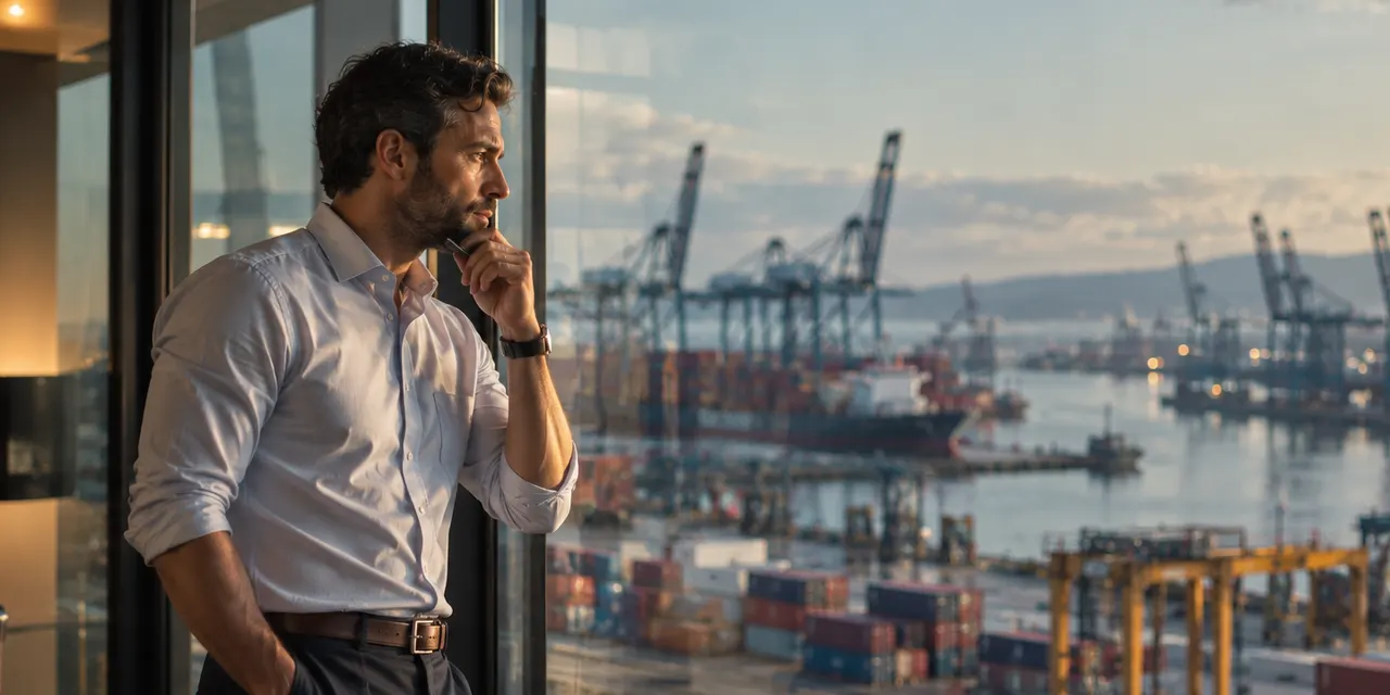 A manager at an office window overlooking a busy container port.