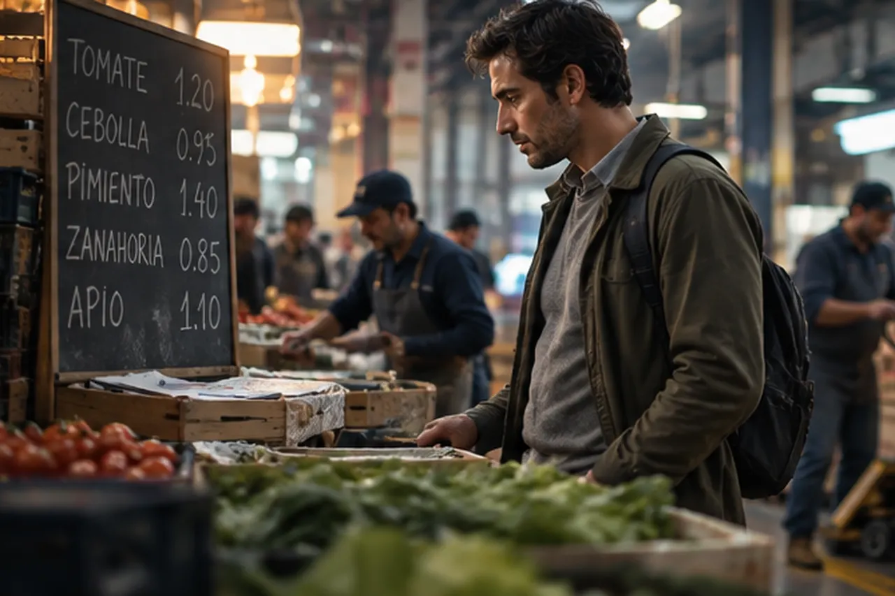 A buyer reading produce prices on a chalkboard at a wholesale market.