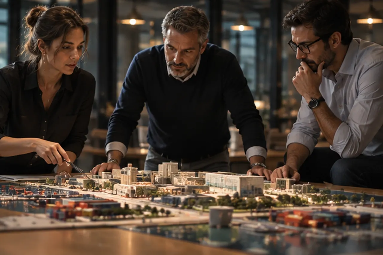 Three colleagues studying a scale model of a waterfront development.