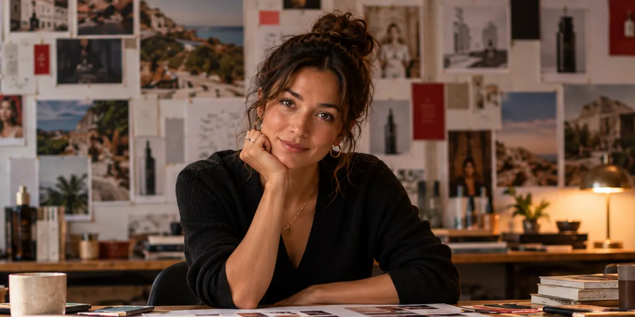 A founder at a desk covered in campaign printouts, in front of a moodboard.