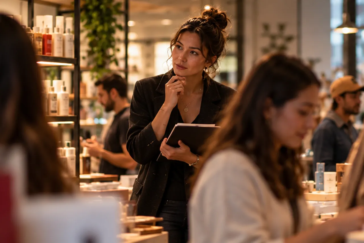 A marketer with a notebook watching how shoppers behave in a beauty store.