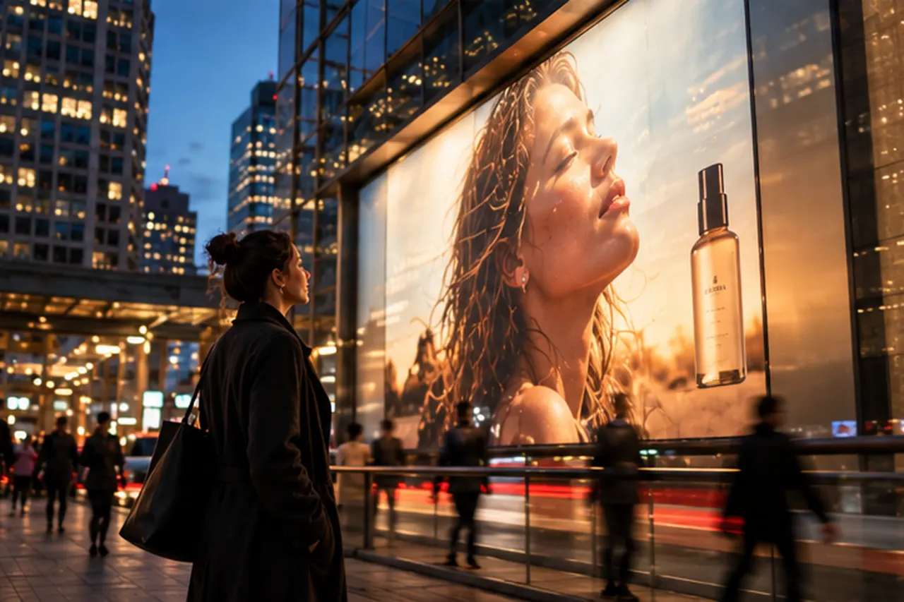 A passer-by stopping to look at a large illuminated billboard for a skincare product.
