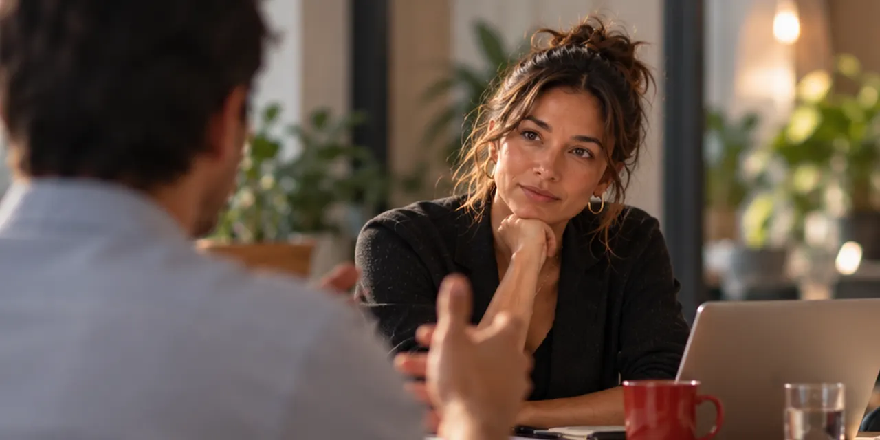 A manager listening closely as a colleague makes a point in a team meeting.