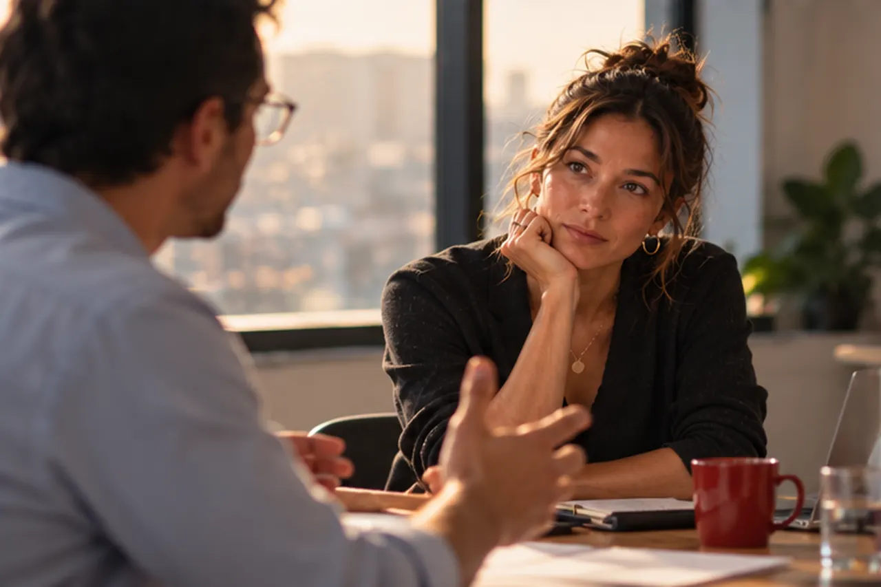 A manager listening during a one-on-one conversation.