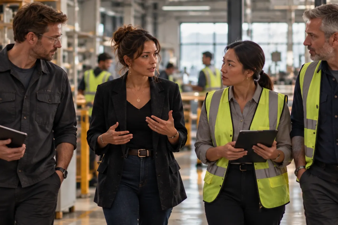 A manager walking the factory floor, talking with the team.