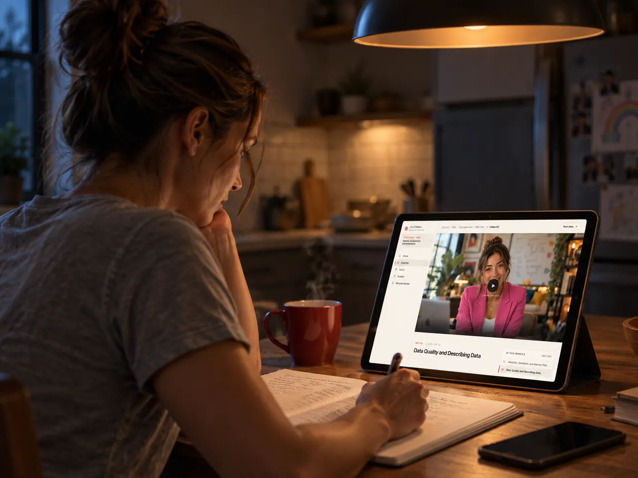 Taking a class on a tablet at a kitchen table before dawn.